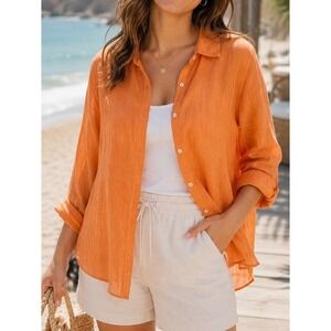C&C California Womens Linen Button Down Shirt Orange Large Long Sleeve Beachy